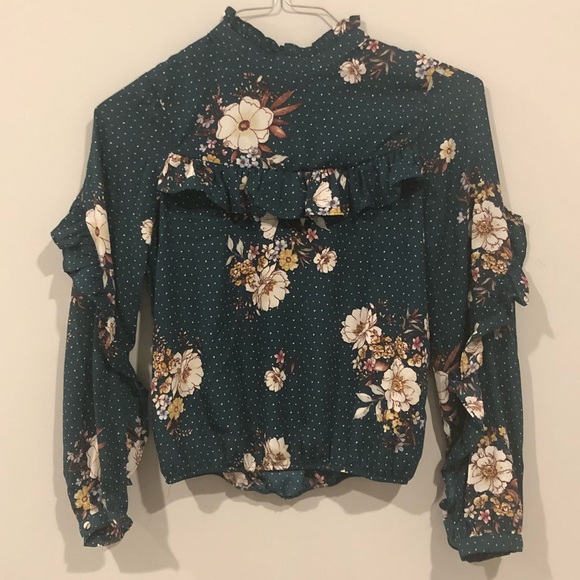 Tops - 4 for $10! Forest Green Polka Dot Floral Blouse